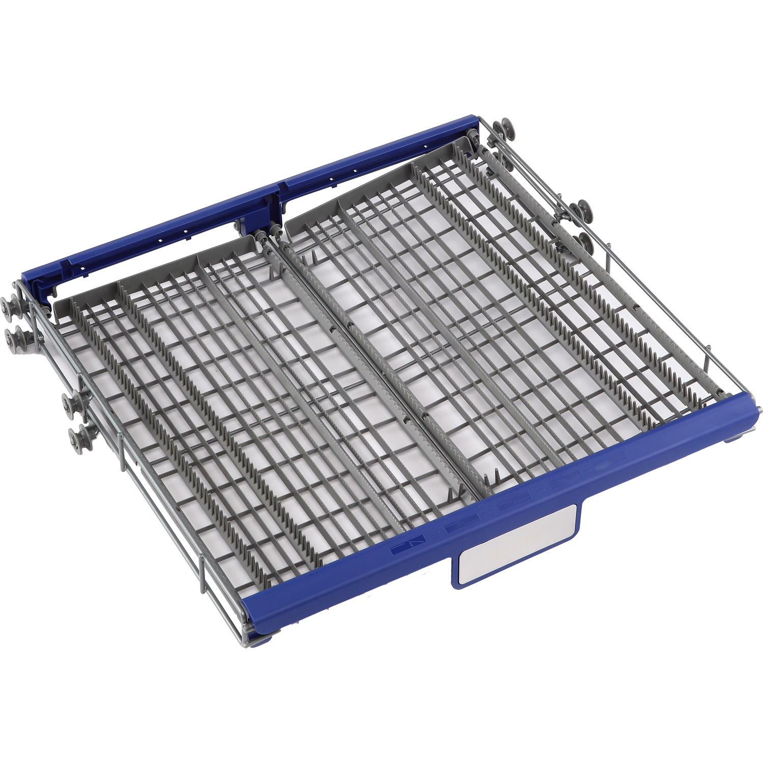A grey dishwasher rack with a blue frame and wheels on a white background.