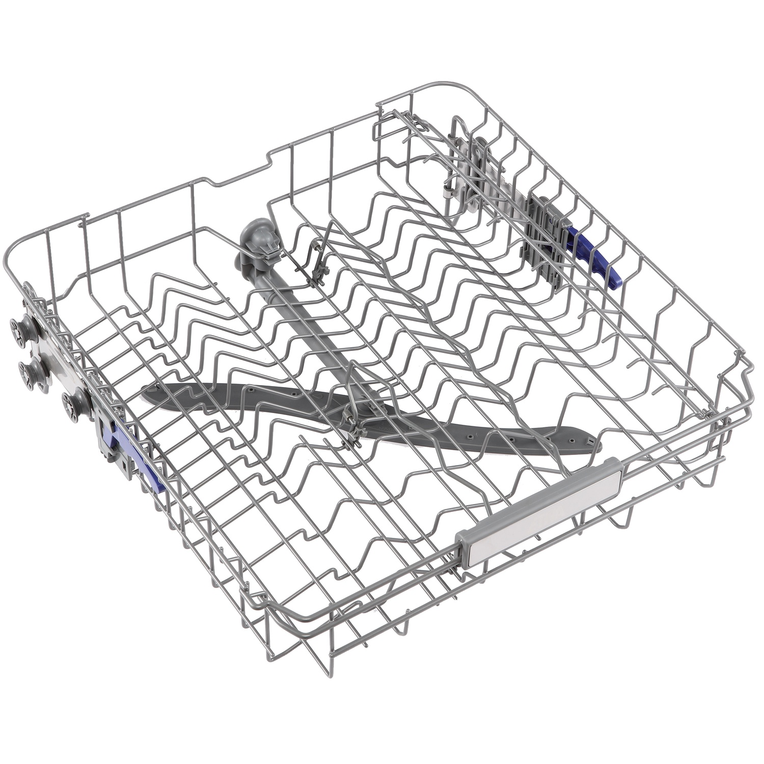Dishwasher upper rack with metal tines, blue handle, and gray spray arm.