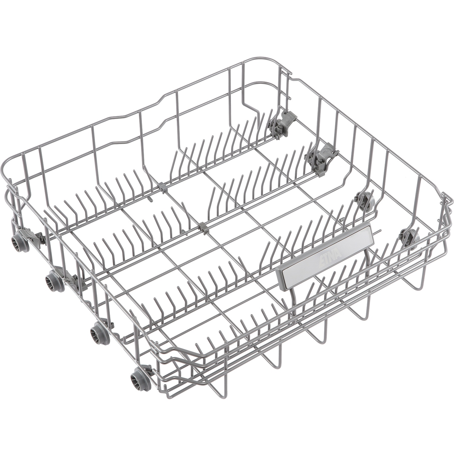 A silver wire dishwasher basket with wheels and holders, empty.