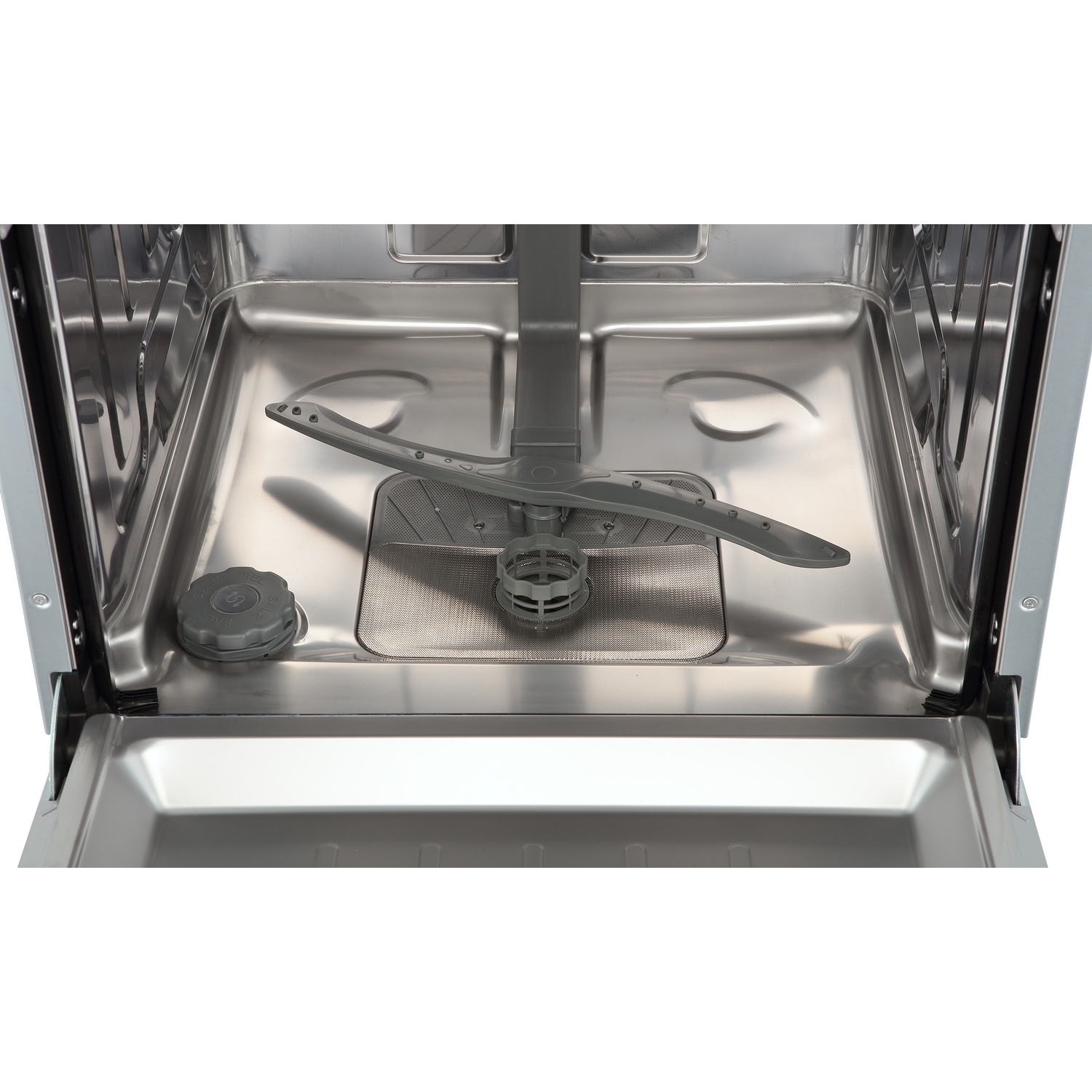 Interior of a dishwasher with spray arm and salt dispenser.