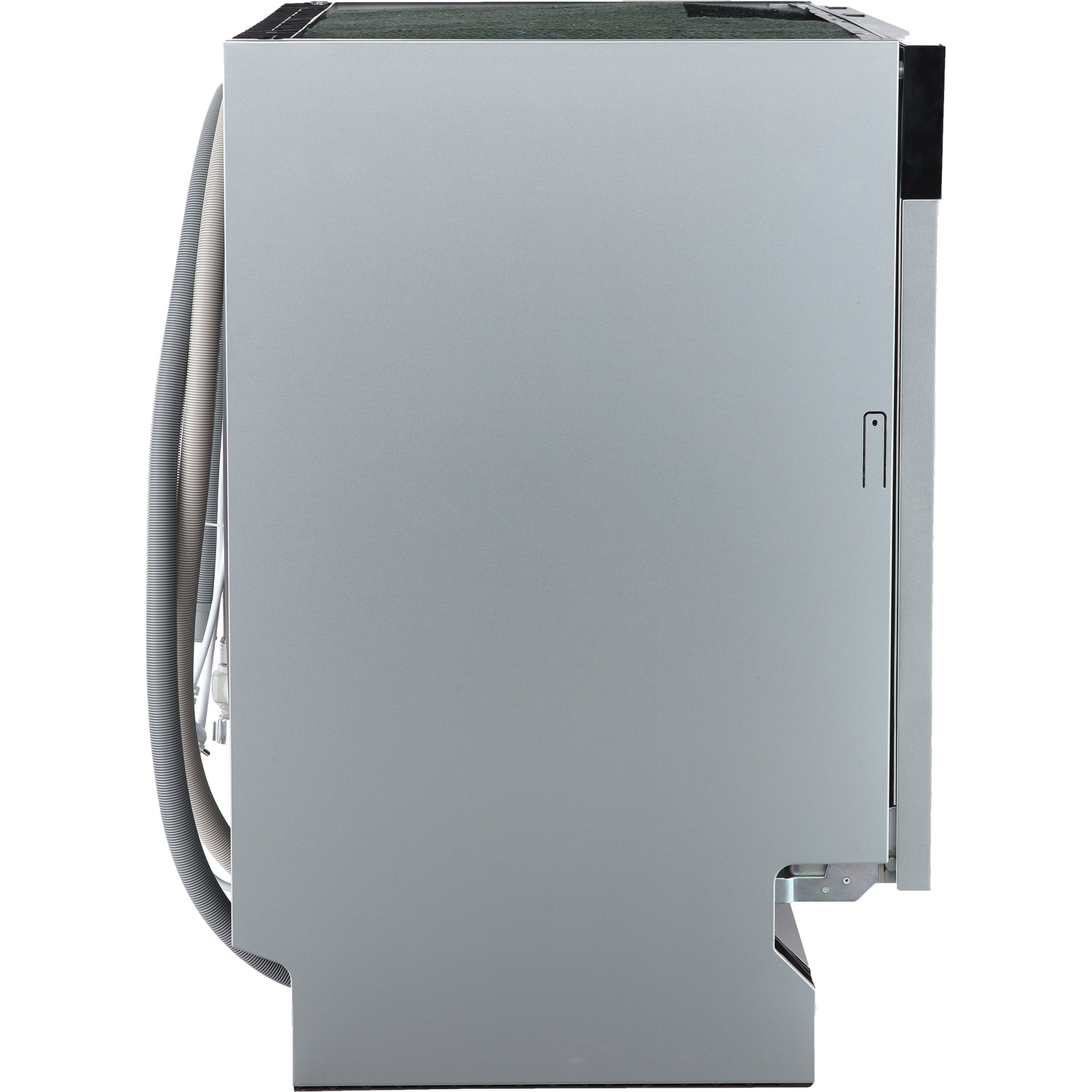Gray dishwasher seen from the side with hoses.