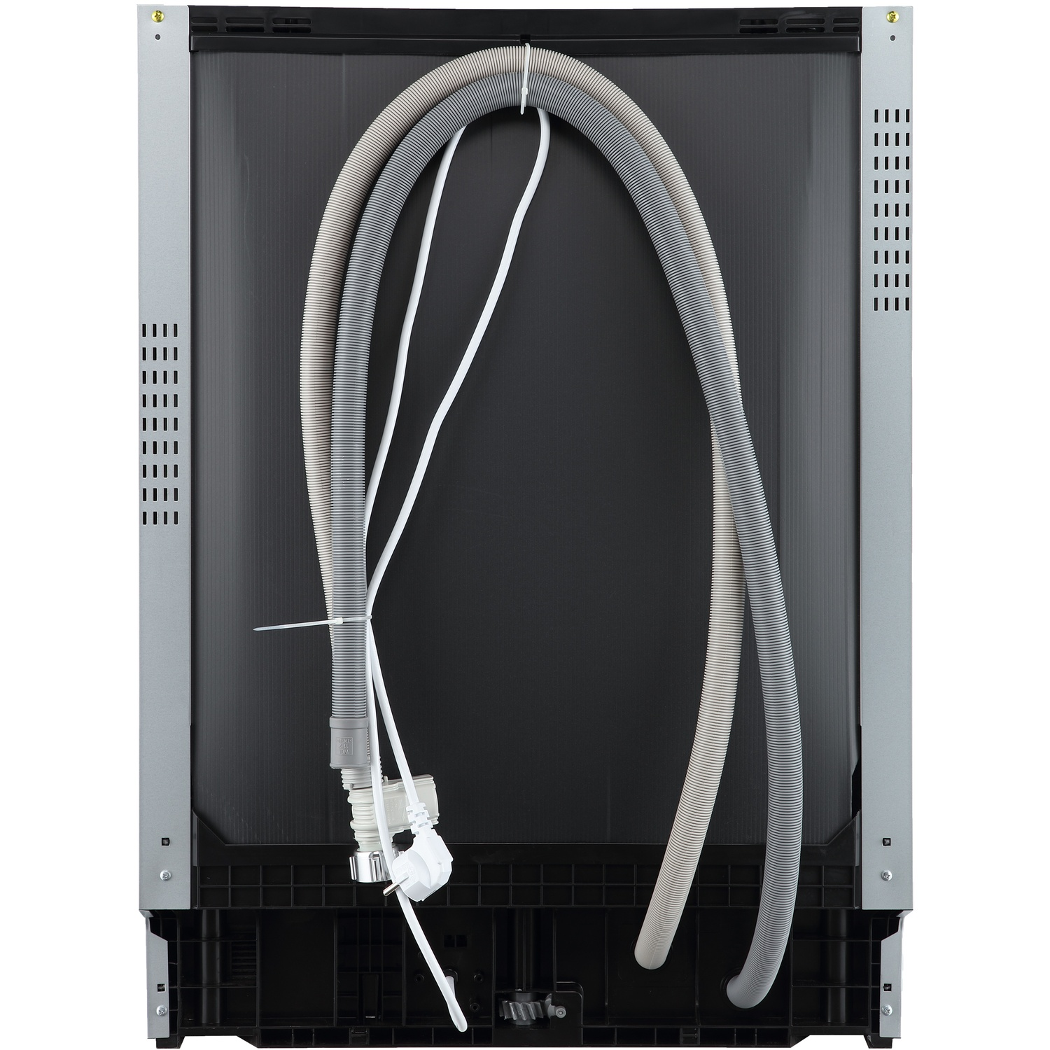 Back of a dishwasher showing hoses, cables, and ventilation slots.