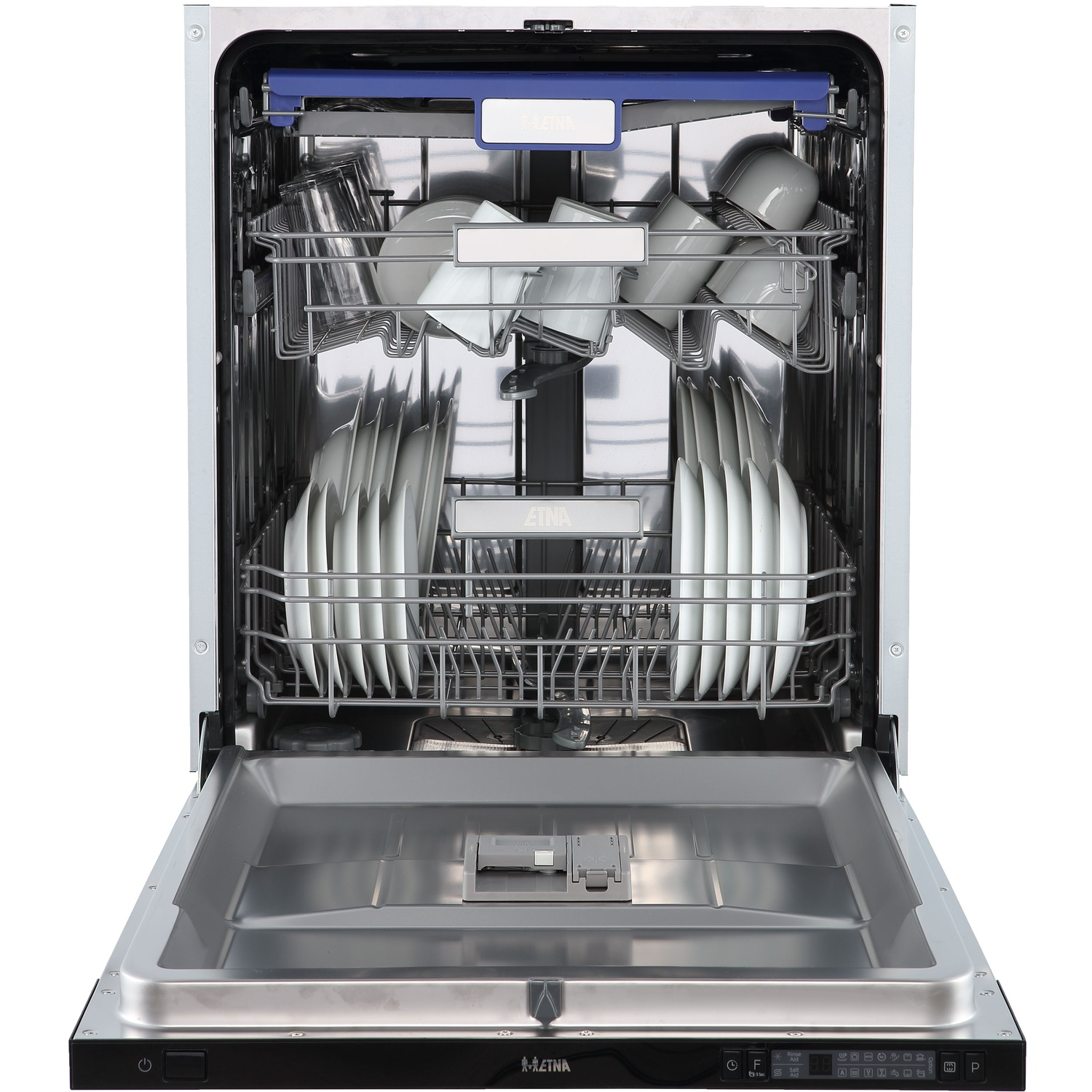 An open dishwasher with two racks, filled with white plates, cups, and glasses.