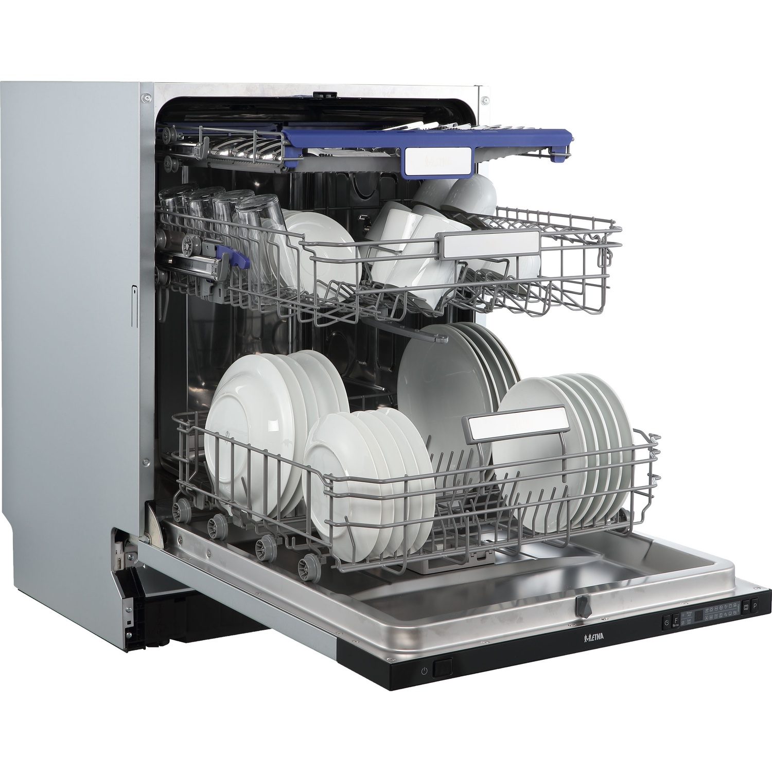 Open dishwasher with two racks filled with dishes like glasses, cups, and plates.