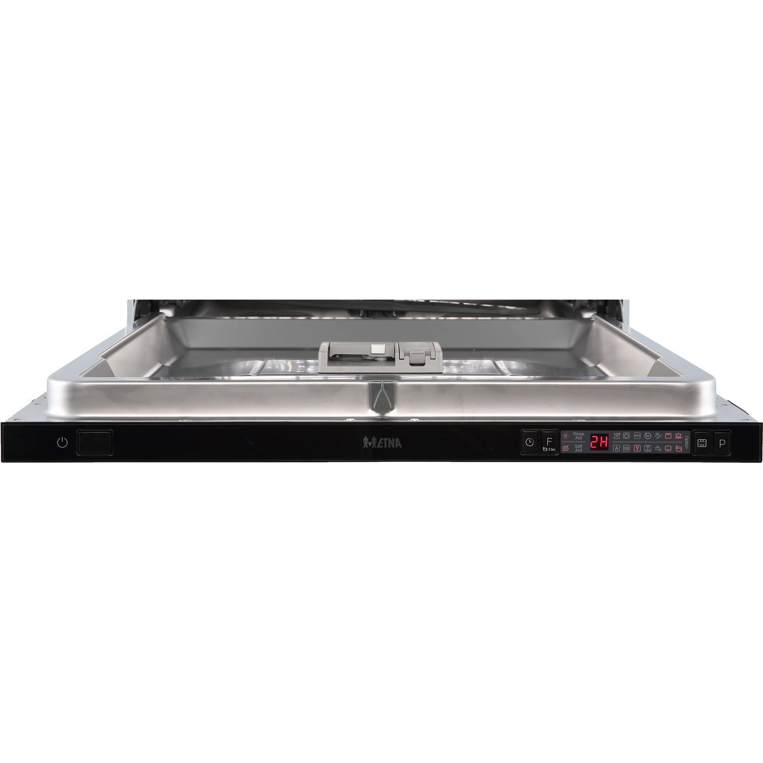 Dishwasher with open door, silver interior, black control panel.