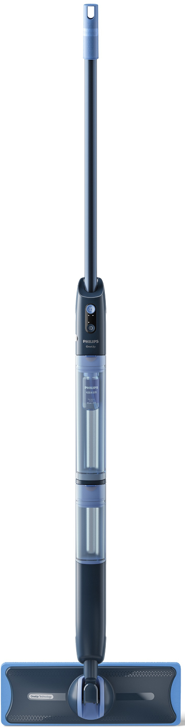 Un balai à franges Philips bleu foncé avec réservoir d'eau transparent et accents bleus.