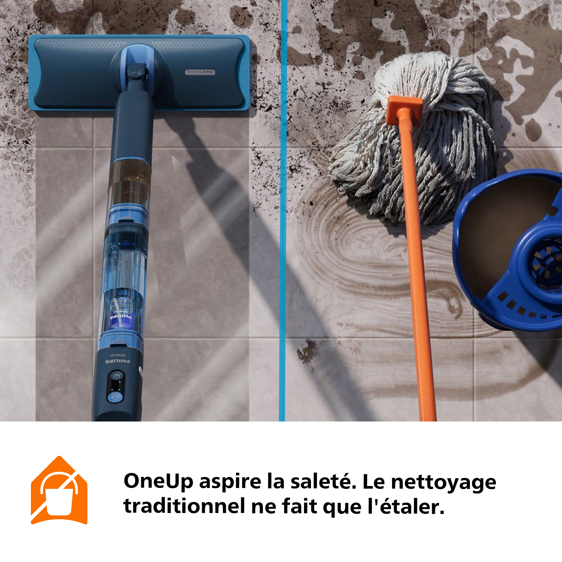 Un aspirateur bleu eau et poussière à gauche, une serpillière à droite.