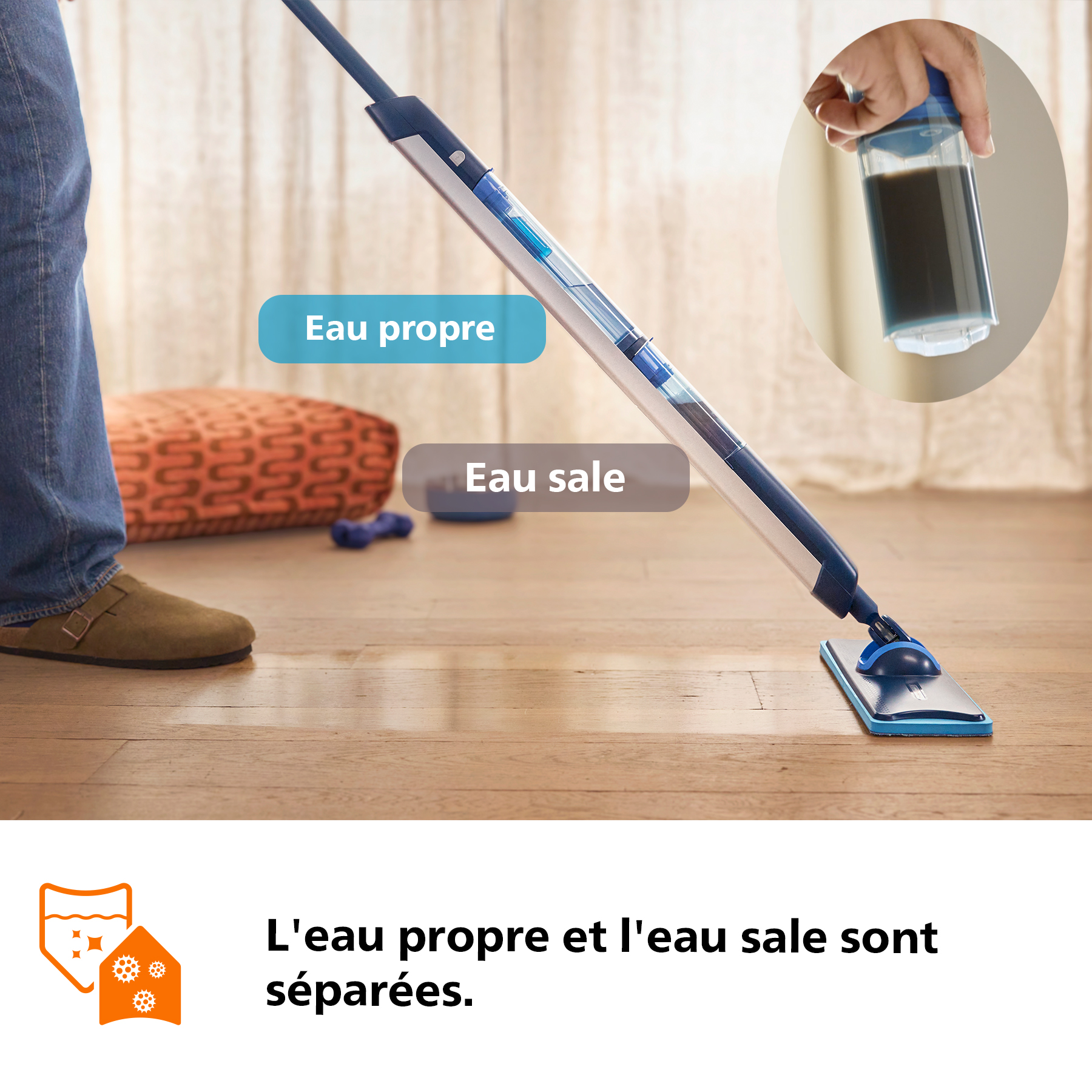 Une serpillière sépare l'eau propre et sale. Une personne nettoie le sol.