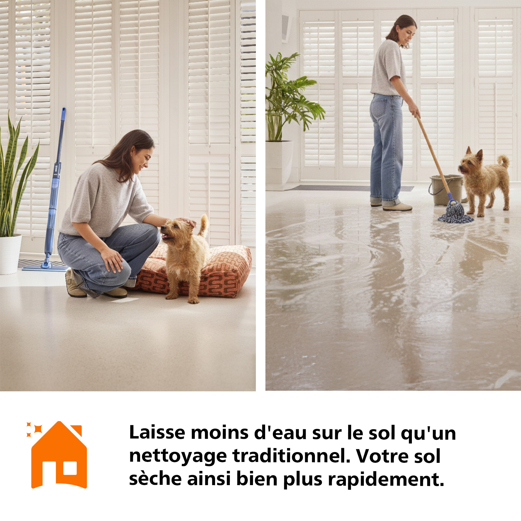 Une femme nettoie le sol avec son chien qui regarde. Une autre partie montre la femme avec son chien.