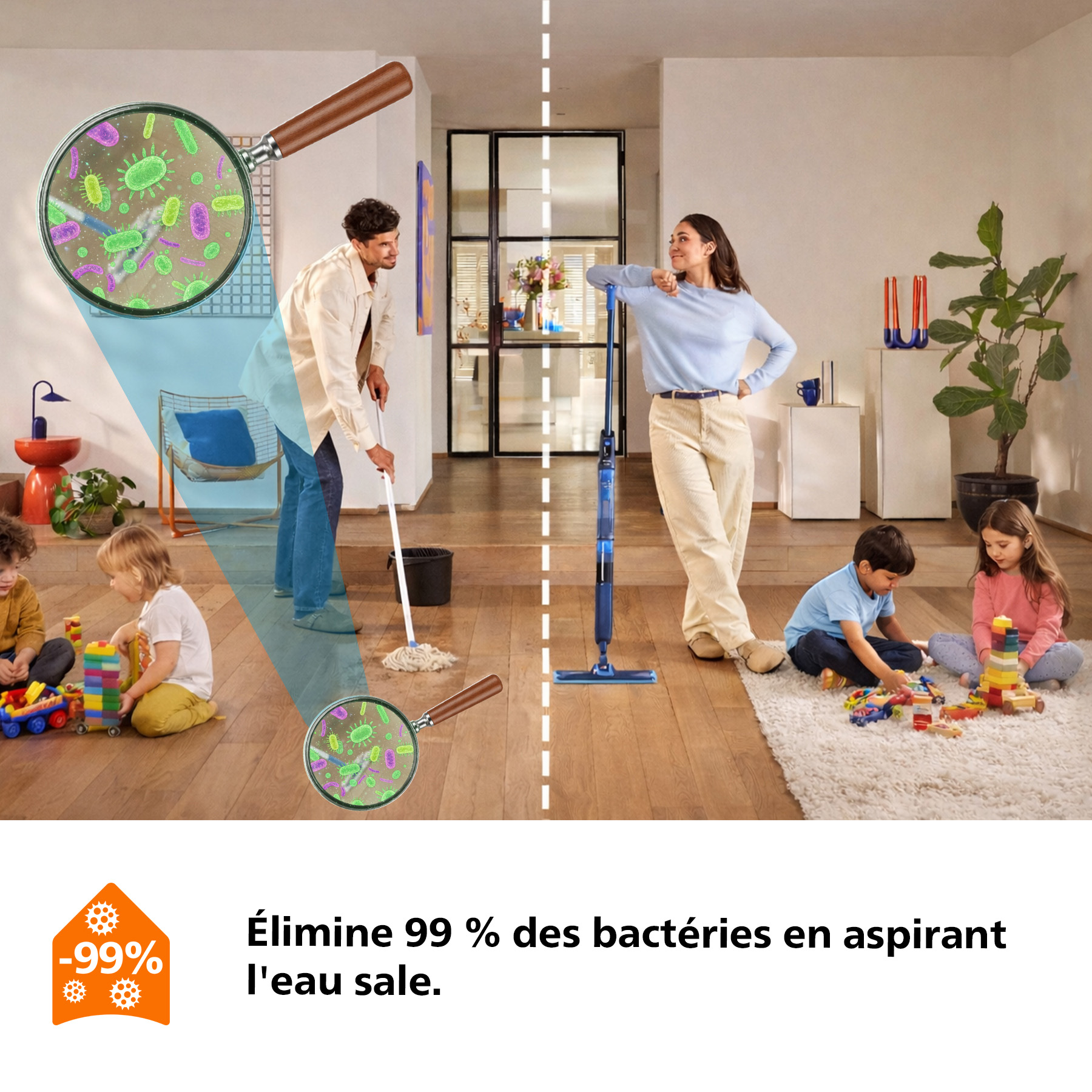Famille dans une maison. Un homme passe la serpillière à gauche, une femme est à côté d'une serpillière à droite.