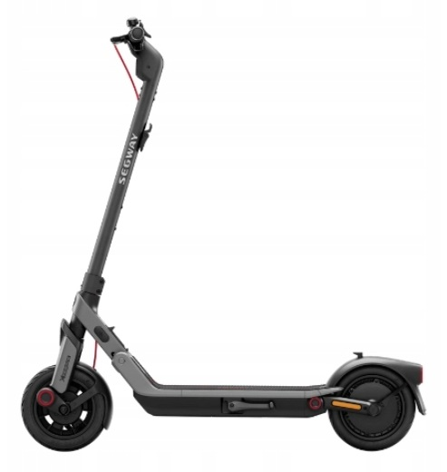 Szara hulajnoga elektryczna Segway z czarnymi kołami i czerwoną linką hamulca.