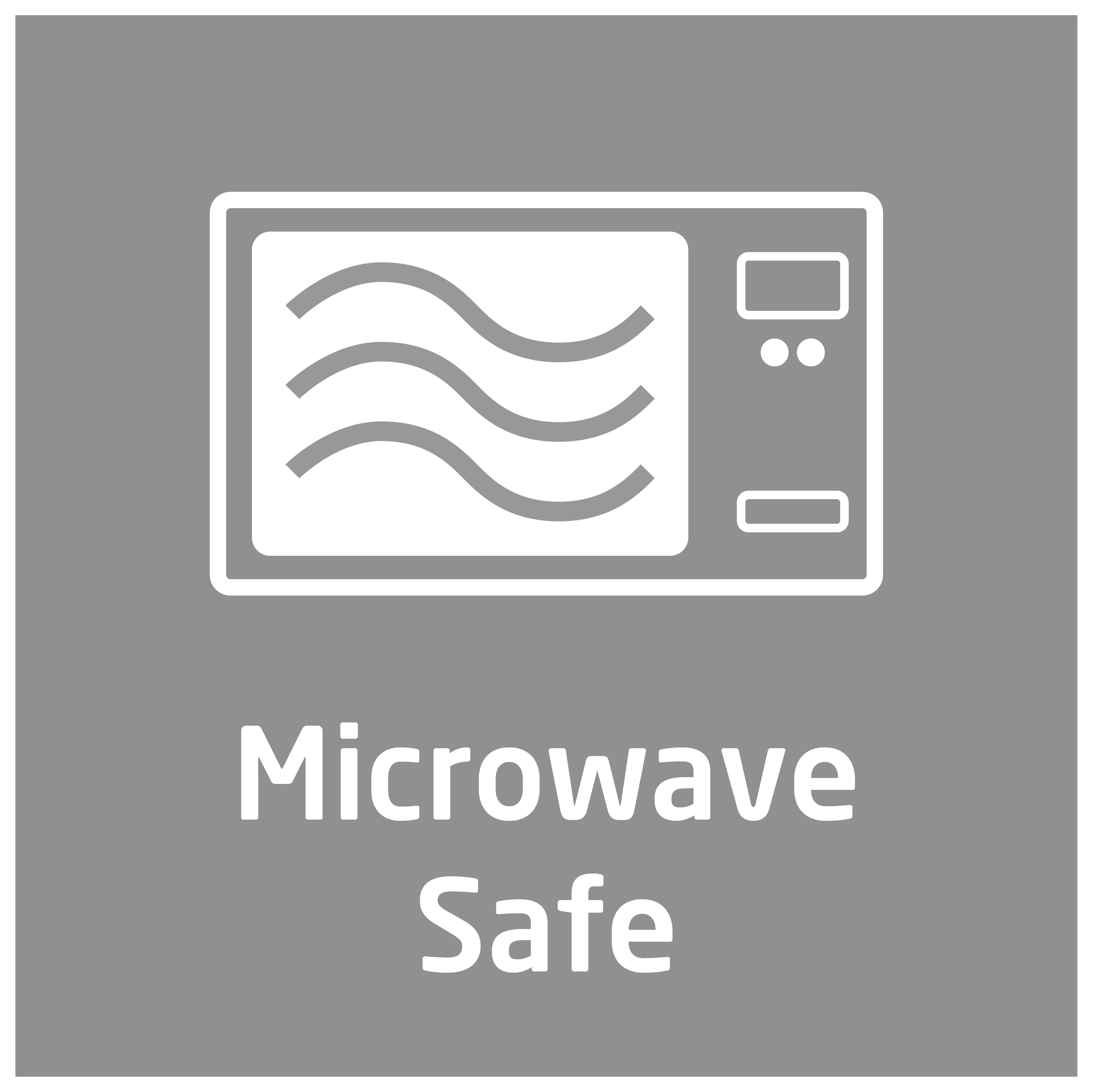 Symbol: Mikrowelle mit Wellen und Text "Mikrowellengeeignet"