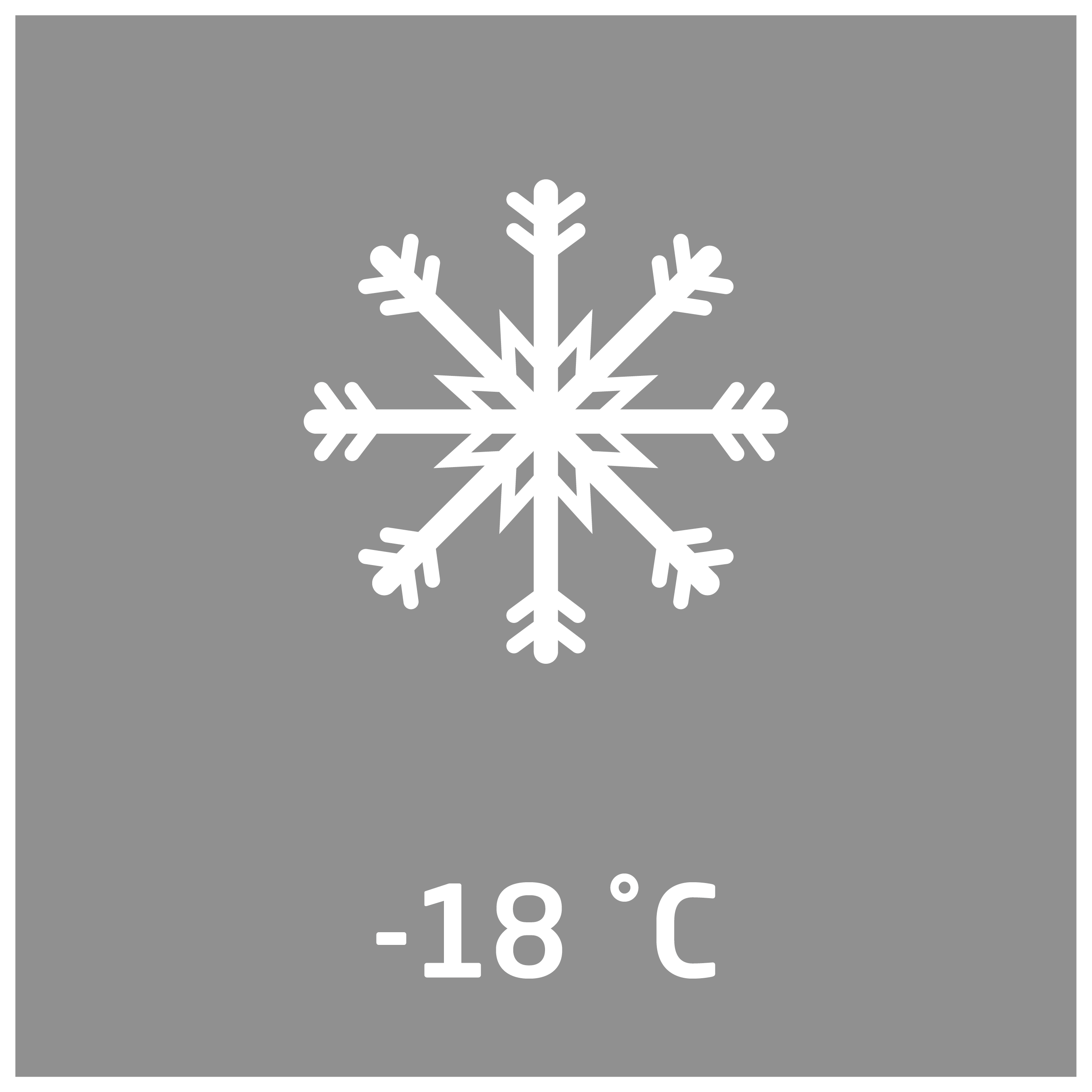 Schneeflockensymbol mit -18°C auf grauem Hintergrund.
