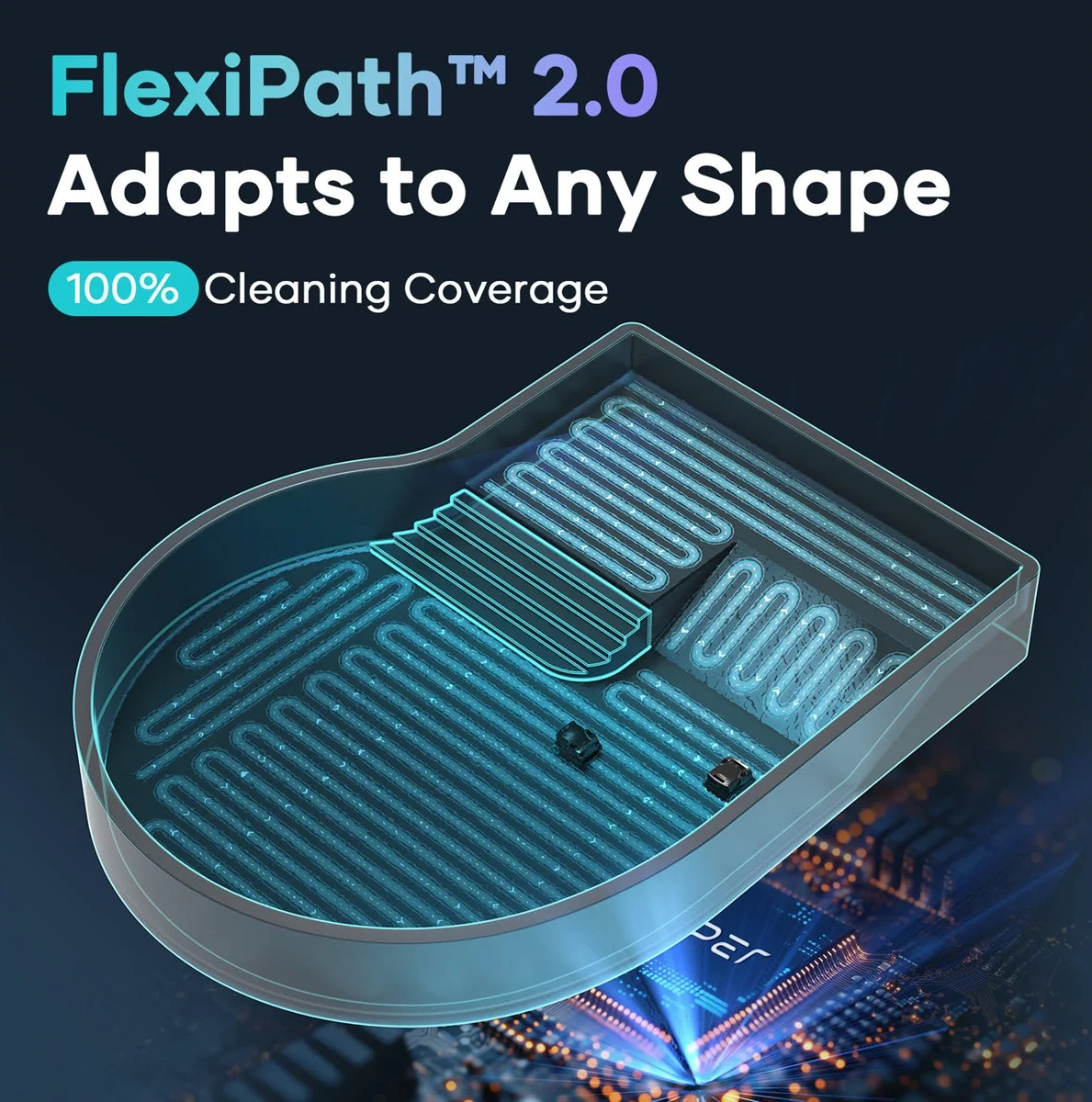 Vázlatos metszet mutat be egy FlexiPath 2.0 tisztítóegységet kék tisztítási útvonalakkal.