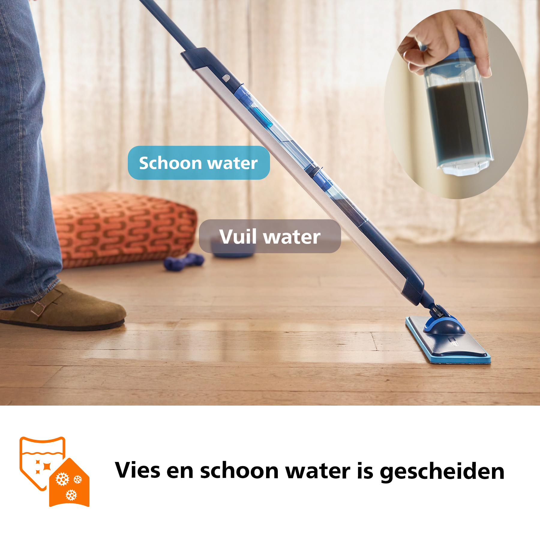 Een dweil met gescheiden compartimenten voor schoon en vuil water.