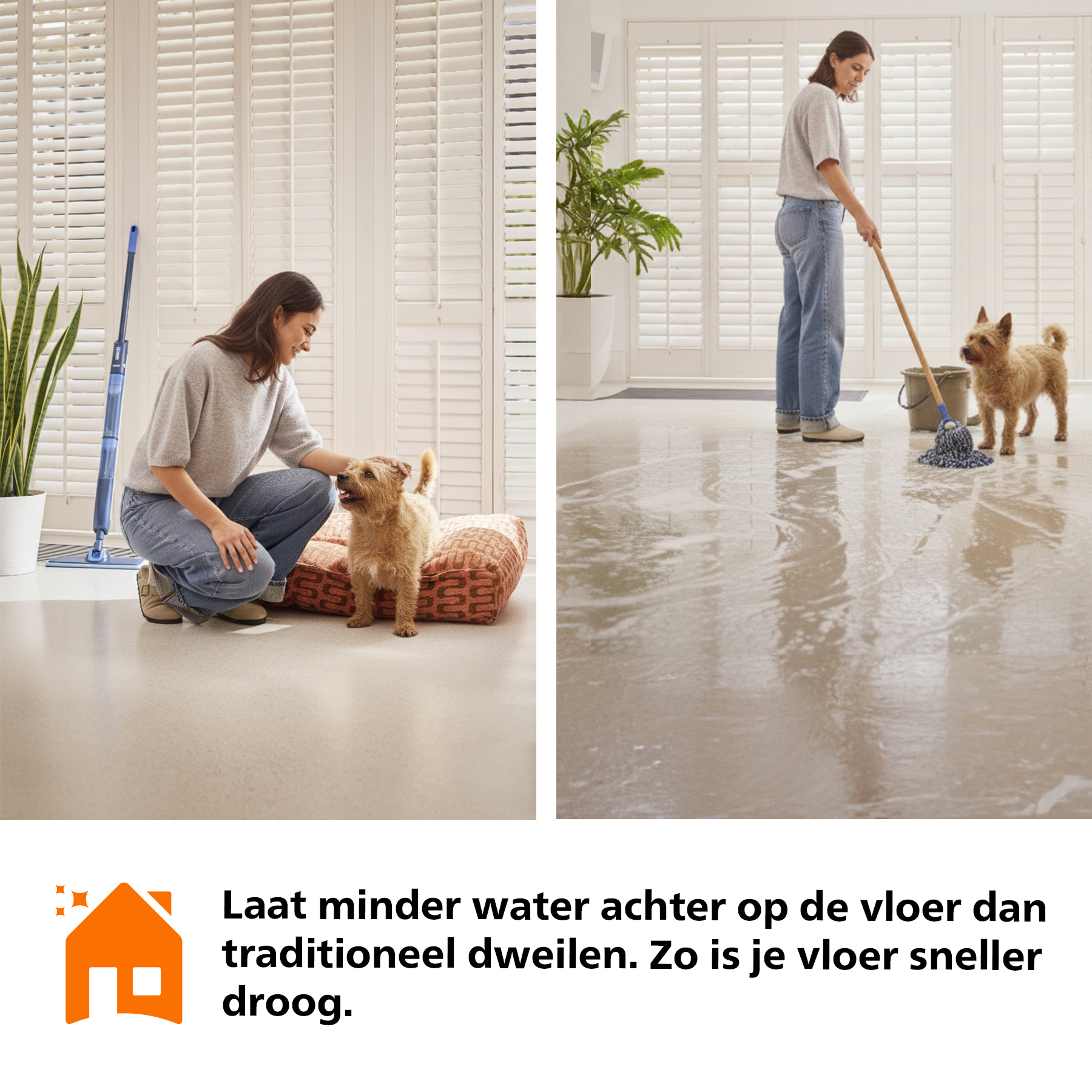 Een vrouw dweilt de vloer met een hond in de buurt. Een andere vrouw speelt met een hond.