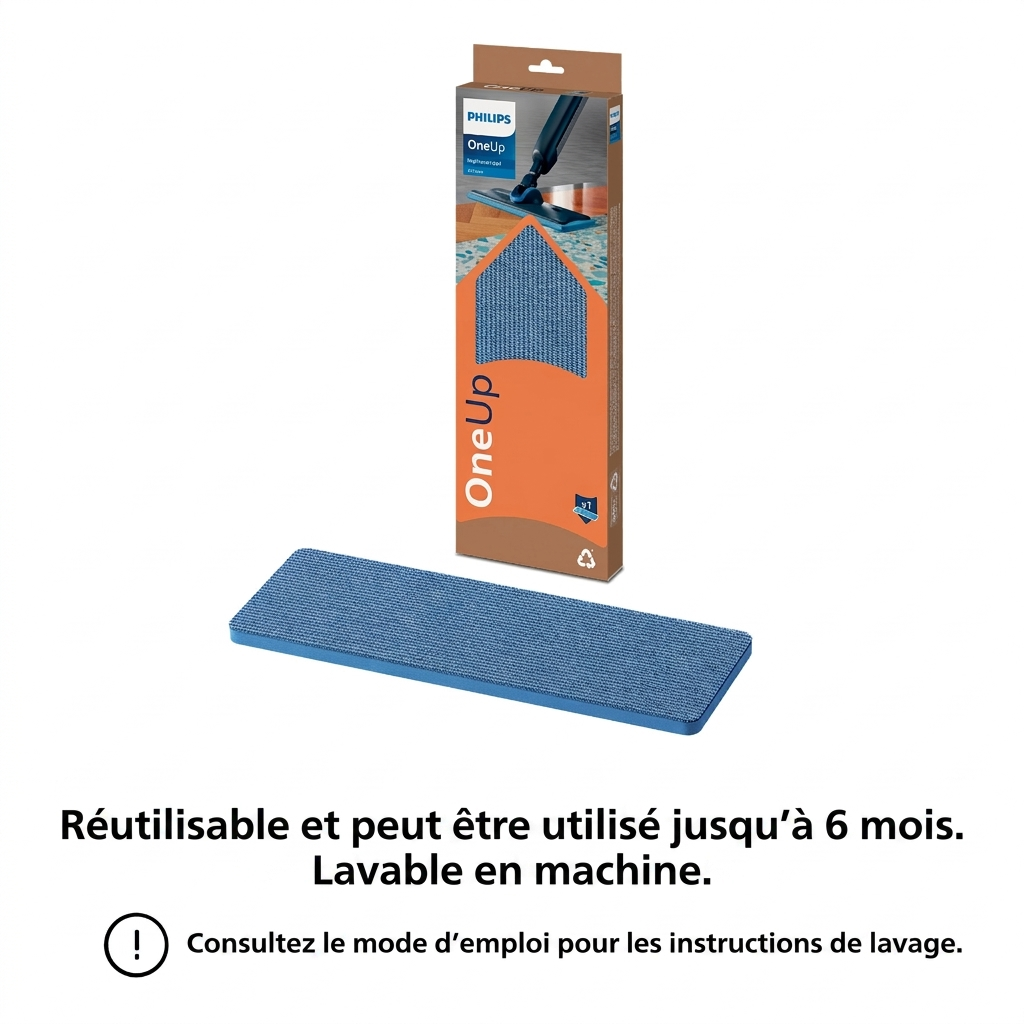 Une serpillière bleue Philips OneUp devant son emballage.