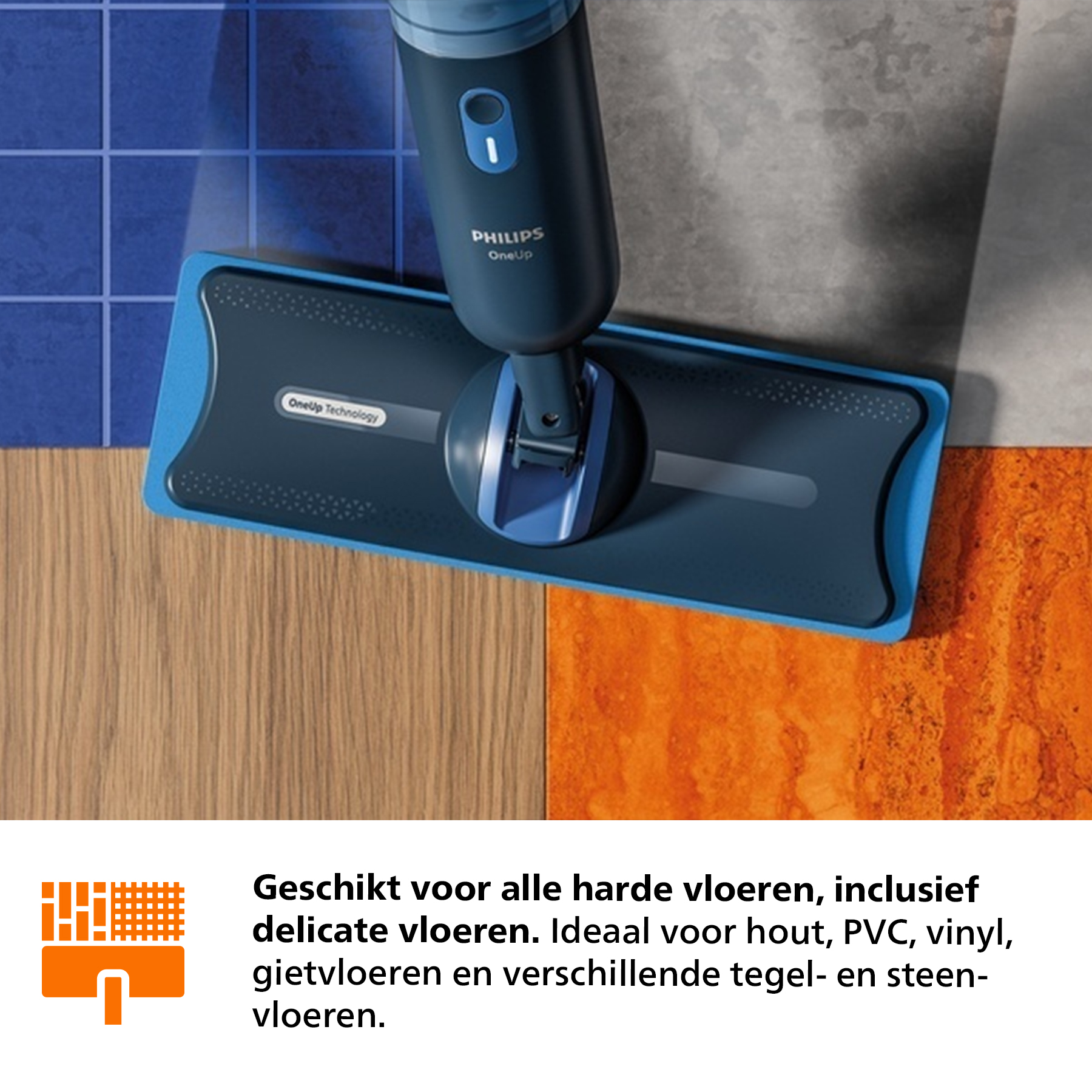 Een blauwe stoommop op vier verschillende vloertypes: tegel, hout, beton en oranje.