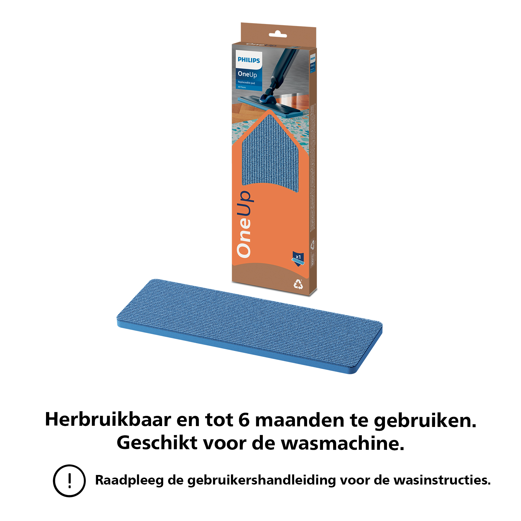 Philips OneUp dweilpad verpakking en blauw pad.