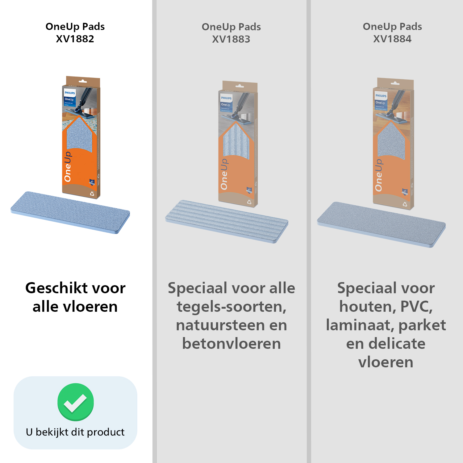 Drie Philips OneUp pads voor verschillende vloertypes.
