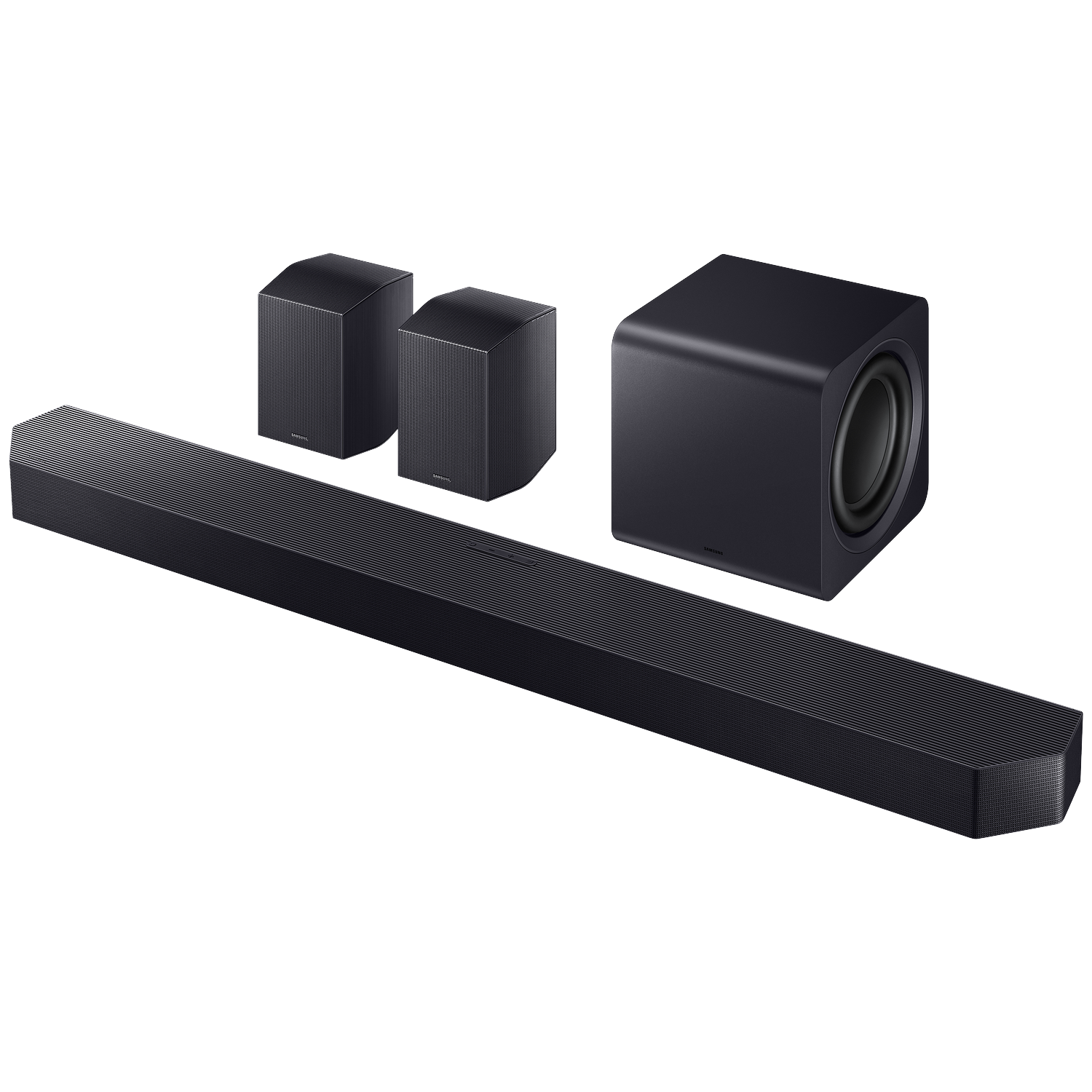 Dark sound system: soundbar, subwoofer, and two satellite speakers.