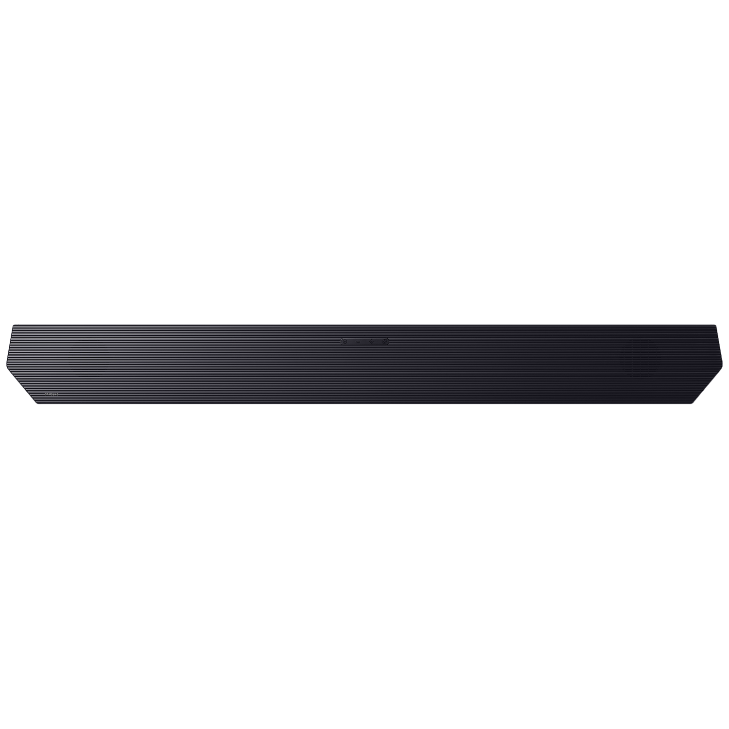 A sleek, dark soundbar with a ribbed texture and control buttons on top.