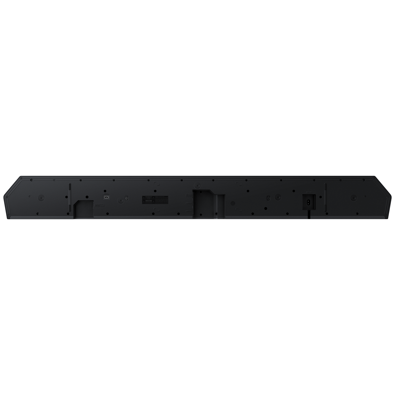 Back of a black soundbar showing ports and labels.