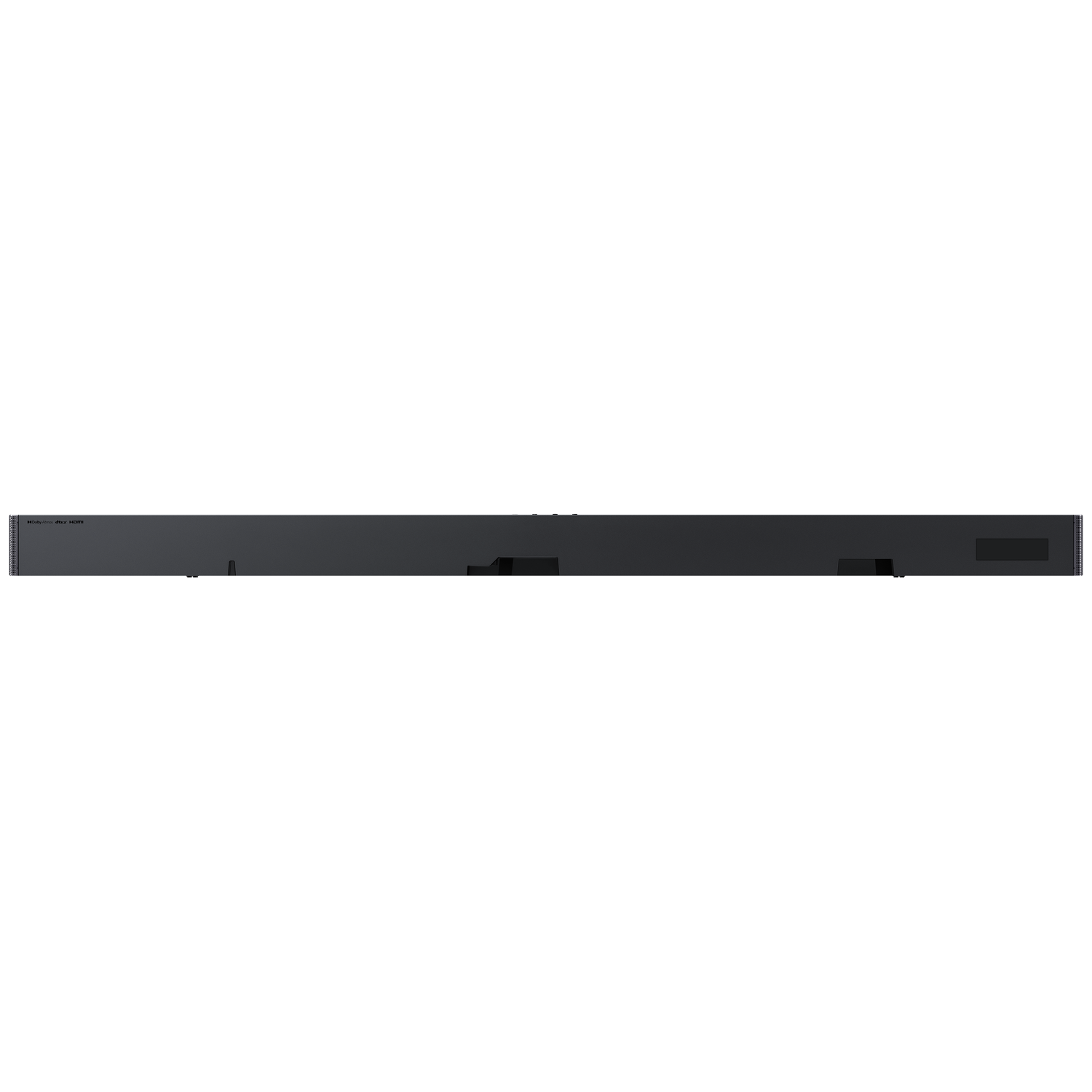 Black soundbar with Dolby Atmos and HDMI connections.