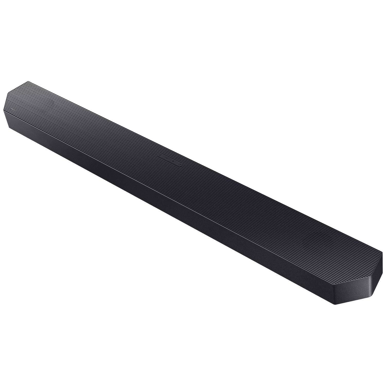 Black, elongated soundbar with a ribbed surface, on a white background.