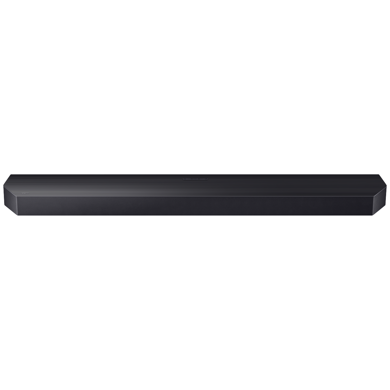 A sleek, dark soundbar with a ribbed front on a white background.