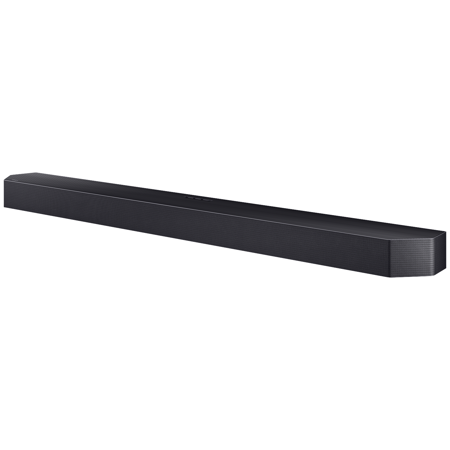 Black, slim soundbar with a perforated front.