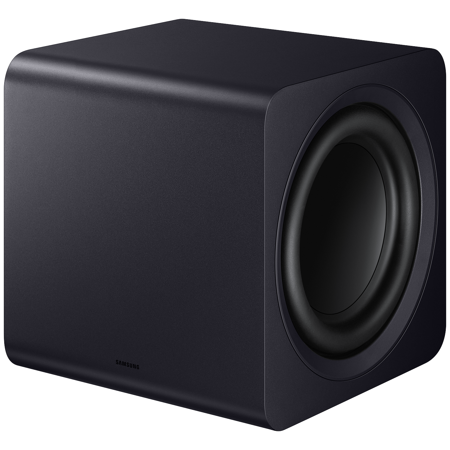 A black Samsung subwoofer with a visible speaker and rounded edges, on a black background.