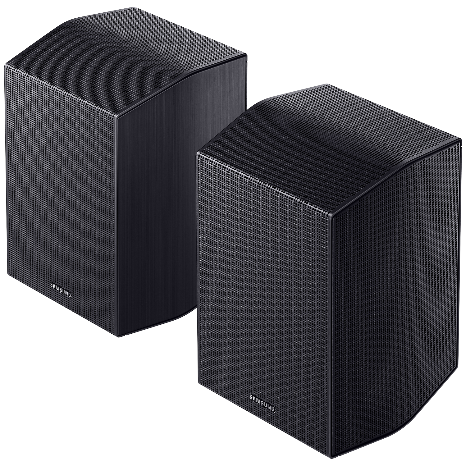 Two black Samsung speakers stand side-by-side against a black background.