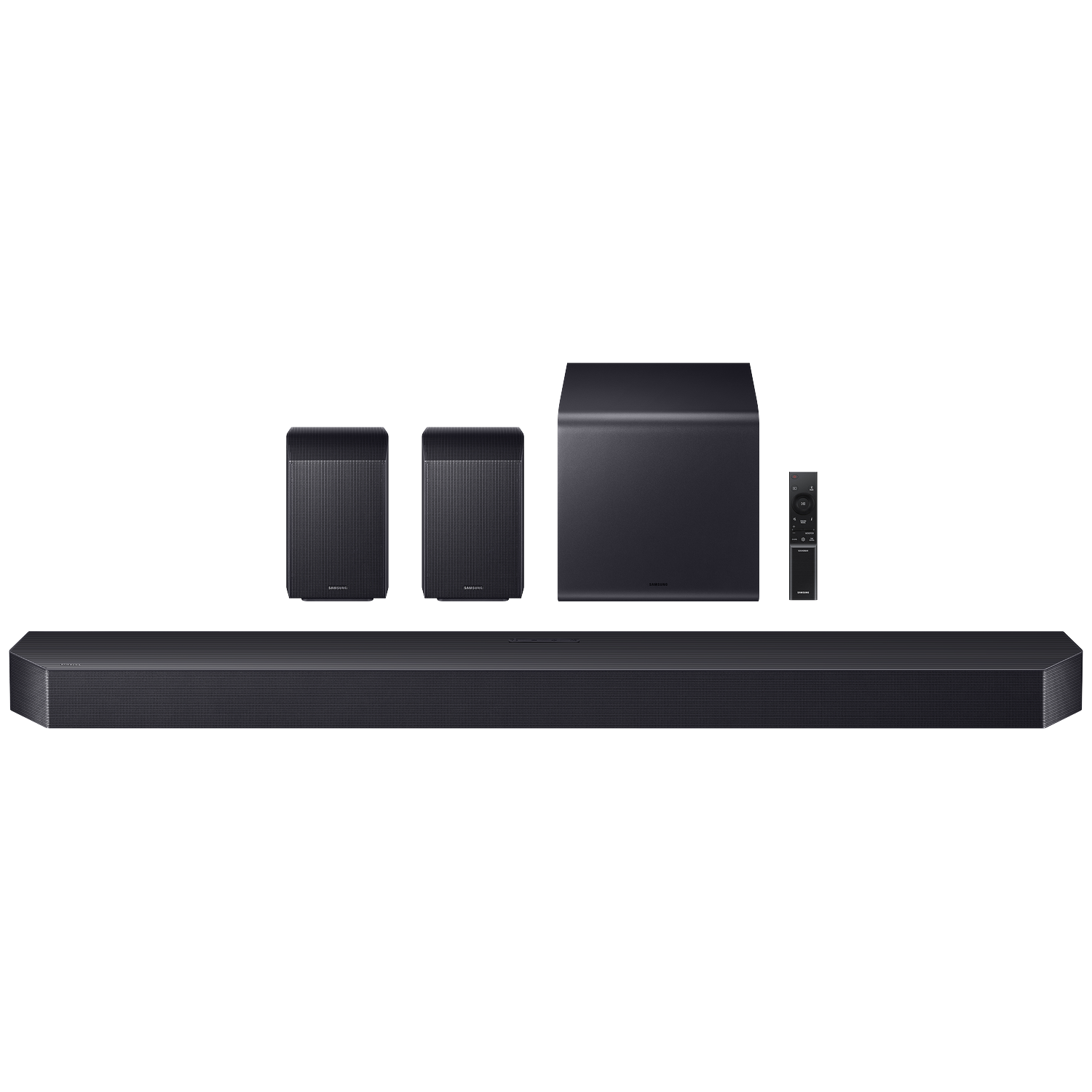 Black soundbar, subwoofer, two speakers, and remote on white background.