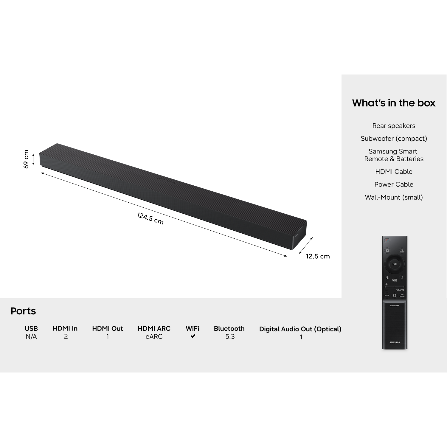 Black soundbar with dimensions 124.5 x 6.9 x 12.5 cm. Includes remote.