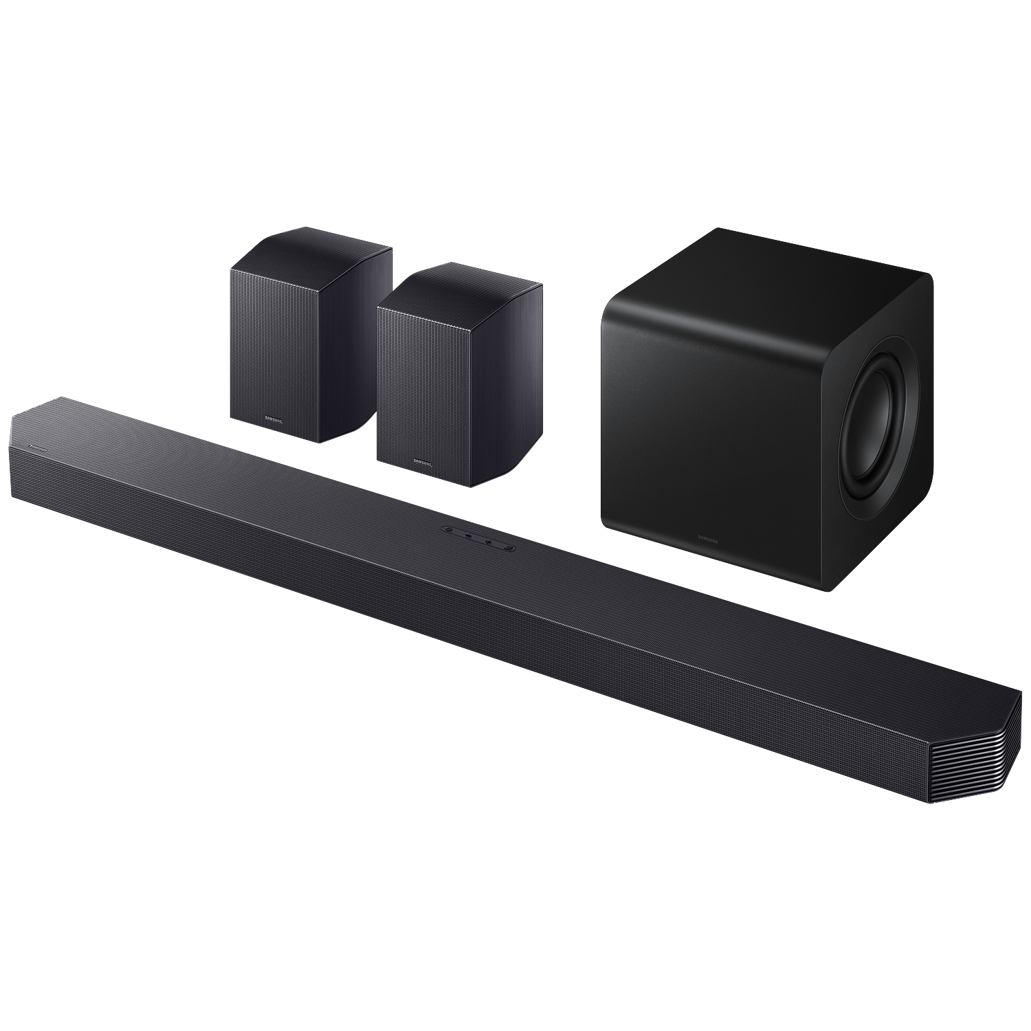 A black soundbar, subwoofer, and two satellite speakers on a black background.