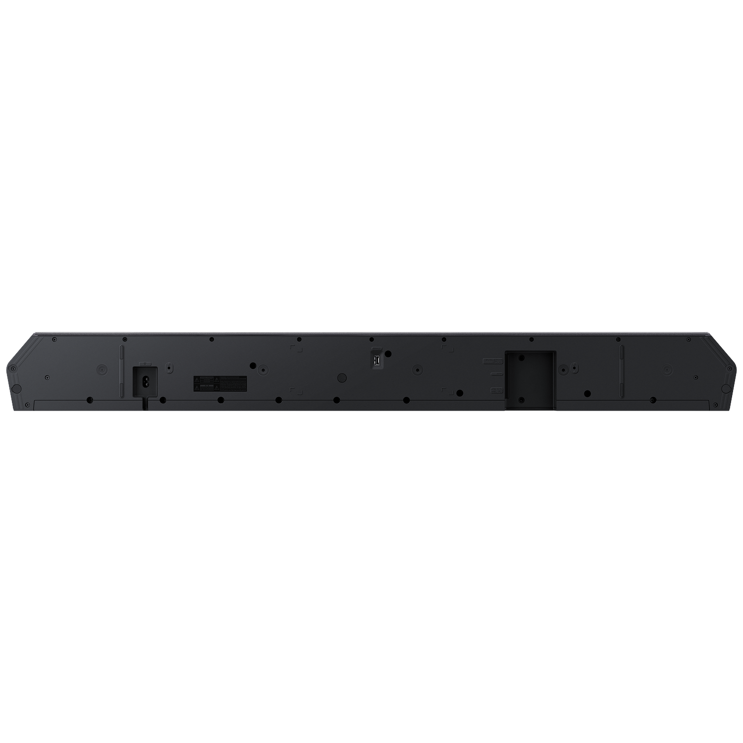 Back of a black soundbar showing various ports and labels.