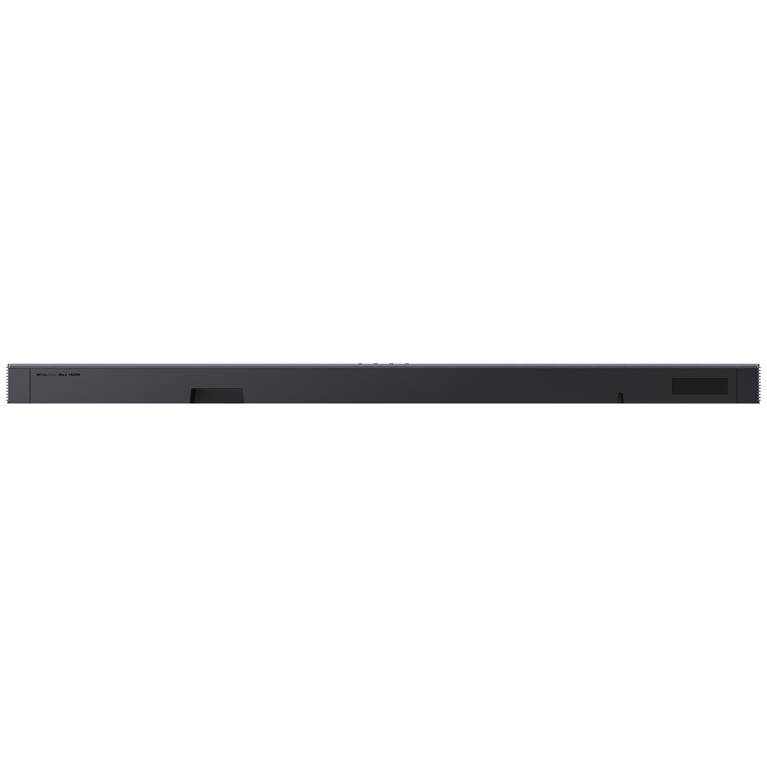 A dark, narrow soundbar with Dolby Atmos and DTS:X HDMI logo.
