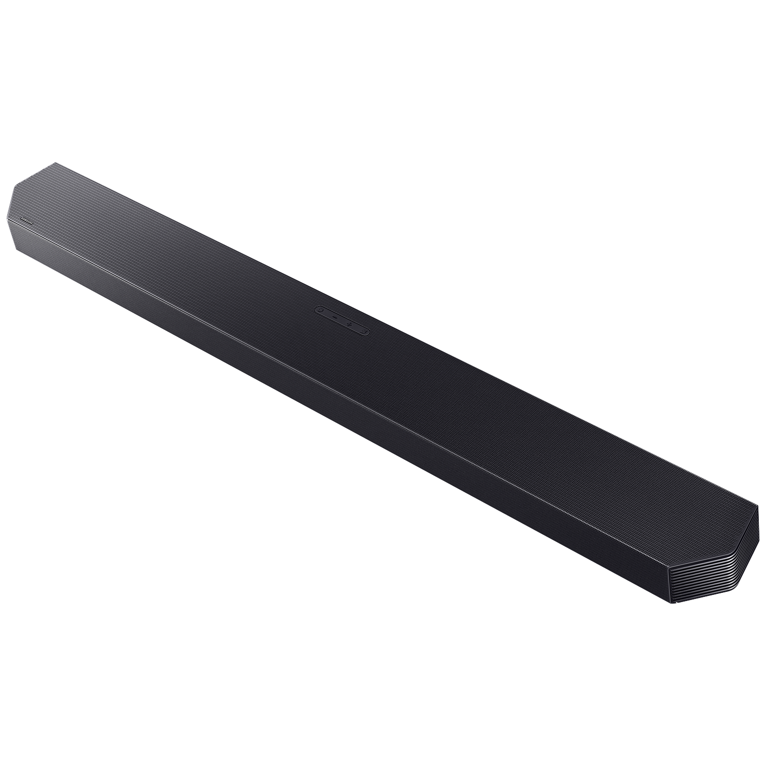 A black, slim soundbar with a ribbed surface and control buttons. Presented on white.