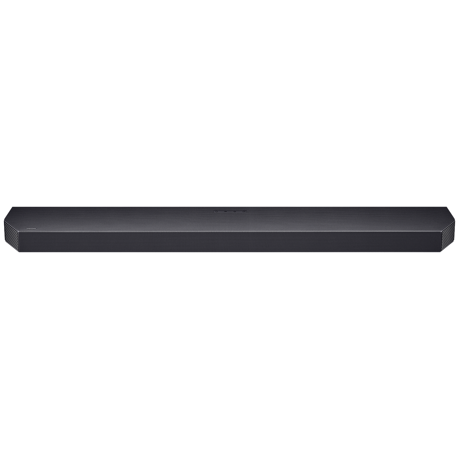 A sleek, dark soundbar with a grille front and side vents.