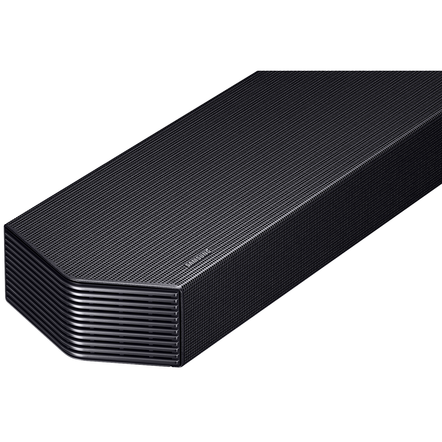 Black Samsung soundbar with a perforated top and ribbed sides.