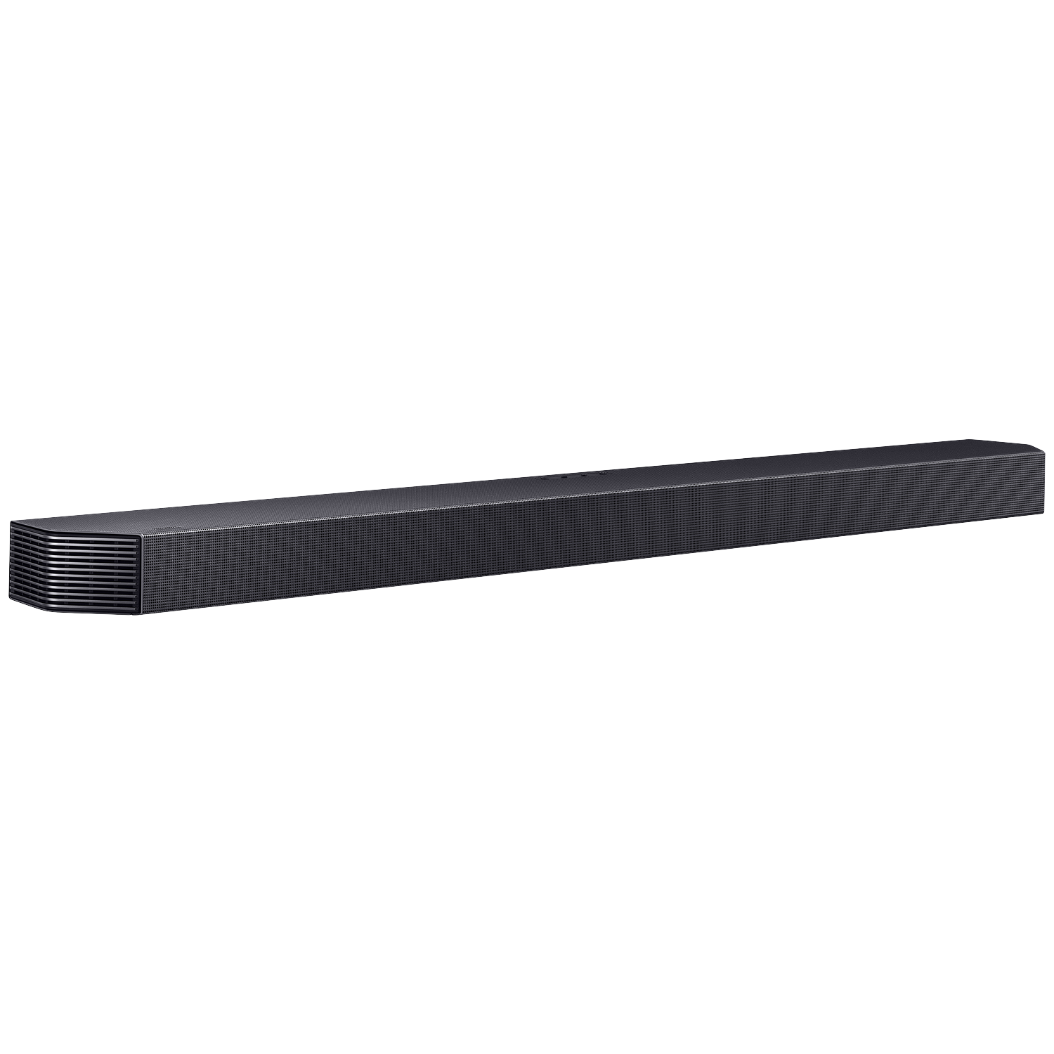 Black, slim soundbar with a textured front grille.