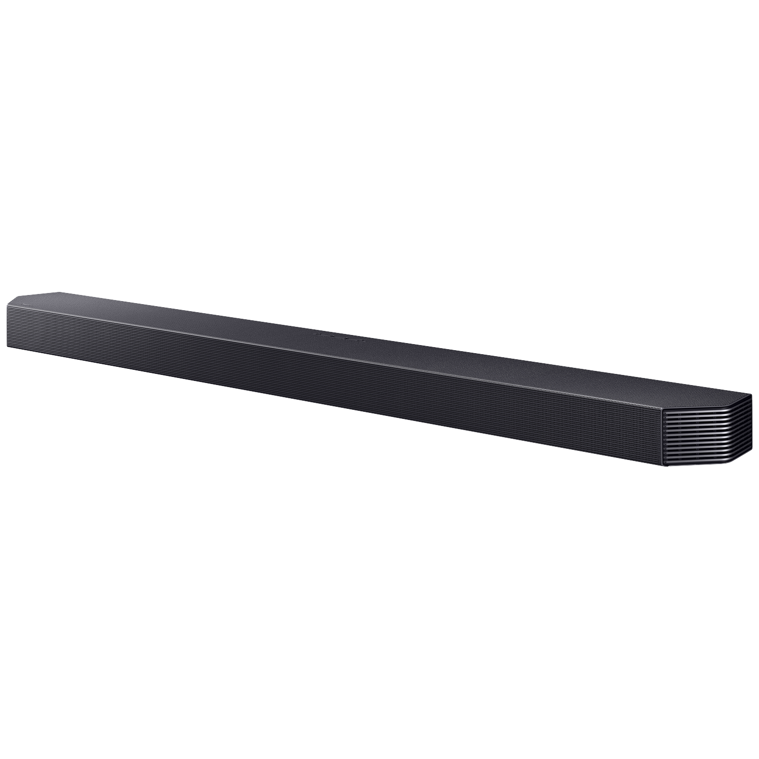 Black soundbar with a ribbed design and silver accents.