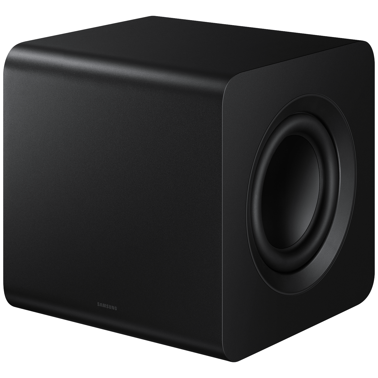 A black subwoofer with a visible speaker and Samsung logo on its side.