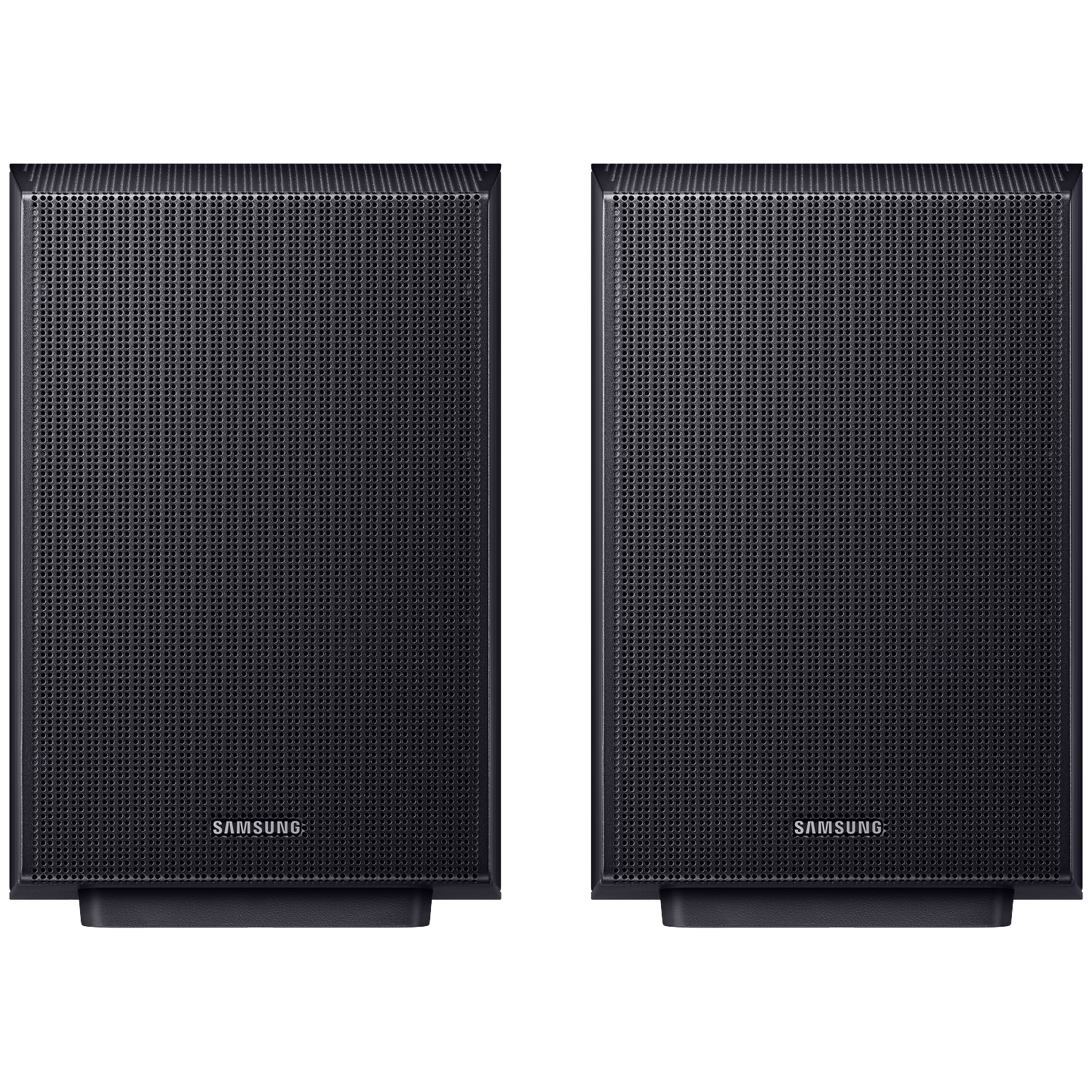 Two black Samsung speakers side by side on a black background.