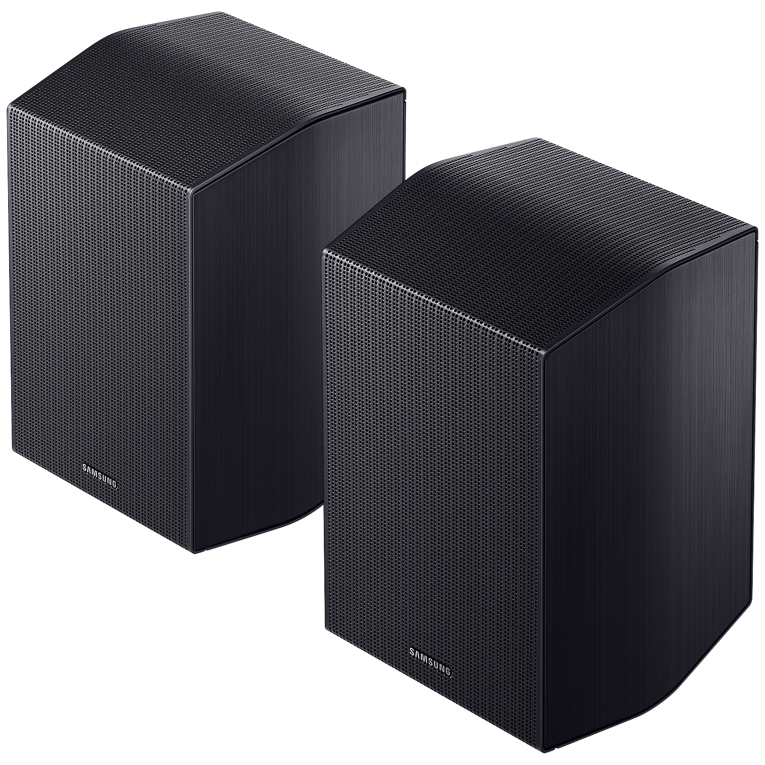 Two black Samsung speakers with perforated front panels.