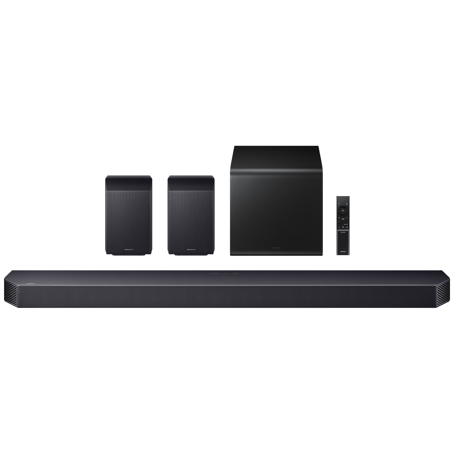 Black soundbar with subwoofer, two satellite speakers and remote control.