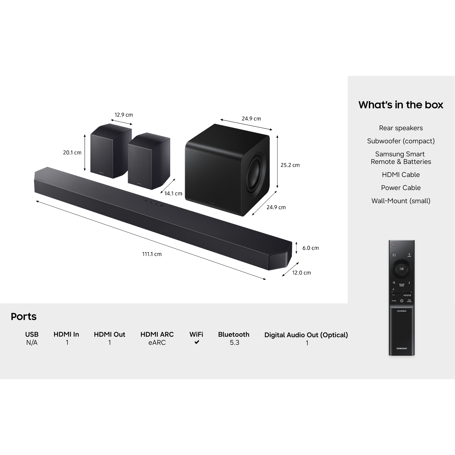 Samsung soundbar, subwoofer, rear speakers, remote and ports listed.