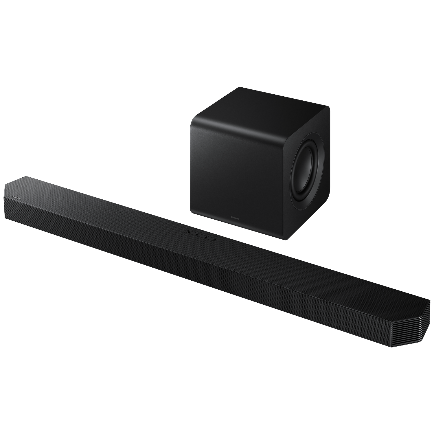 A black soundbar and subwoofer are placed on a white background.