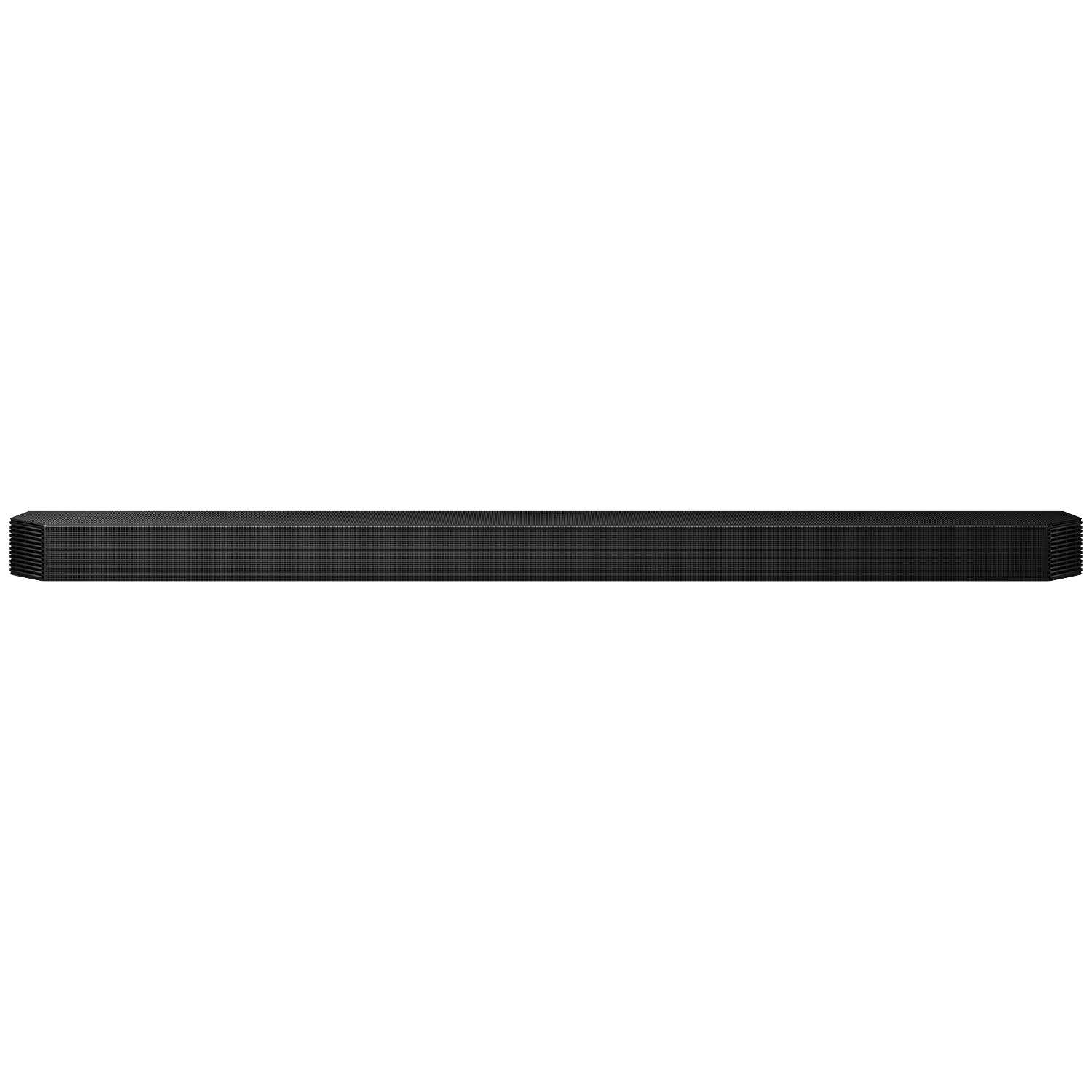 A black soundbar with a fine pattern on the front, isolated on a white background.